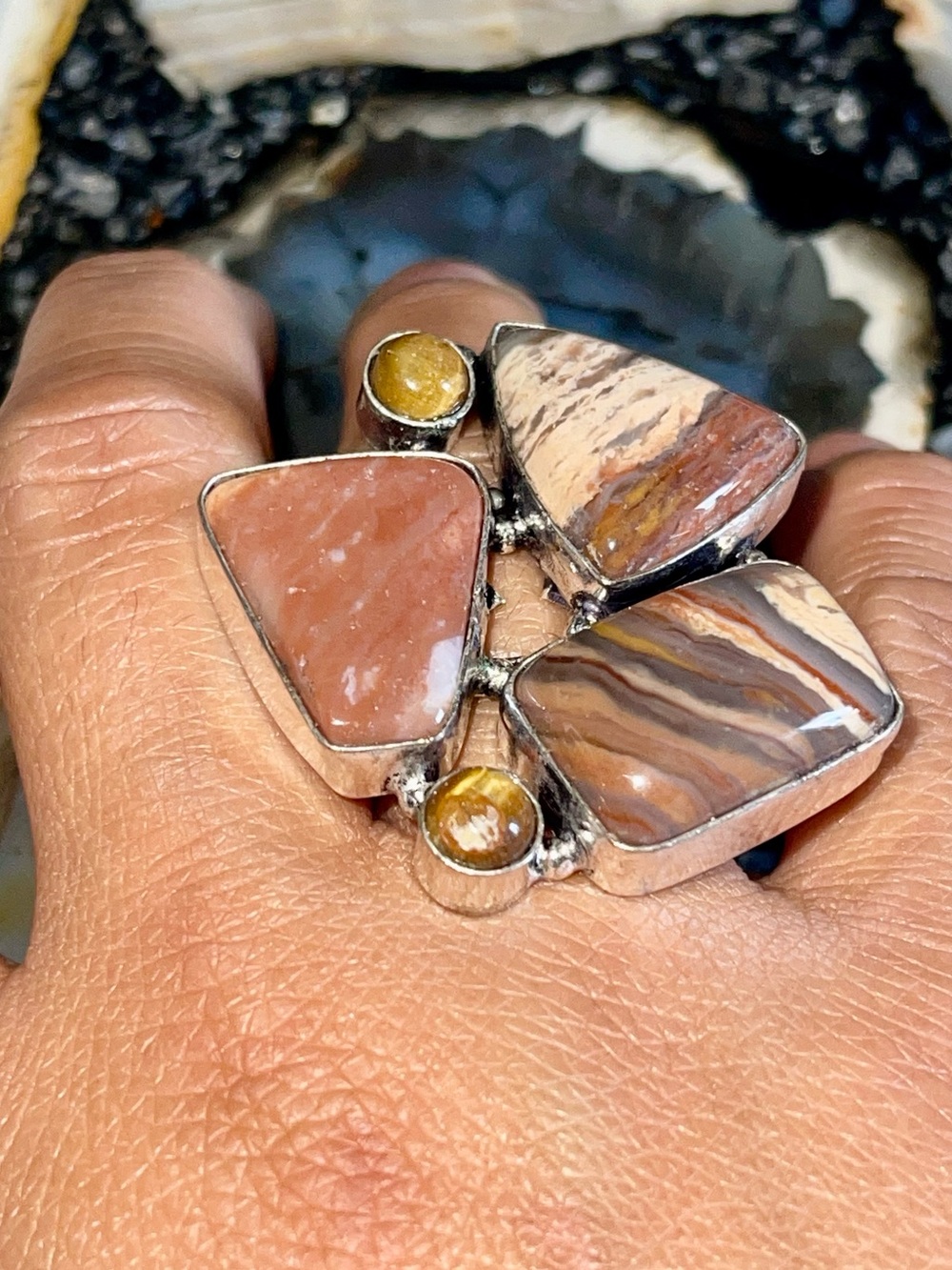 Multi-colored Wave Jasper,Wood Agate & Tiger Eye Ring Size 8 1/4